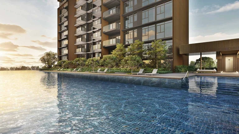 ELTA, artist&rsquo;s impression: the 50-metre lap pool on the fourth-storey pool deck in the late-afternoon sun, with timber-clad residential floors above