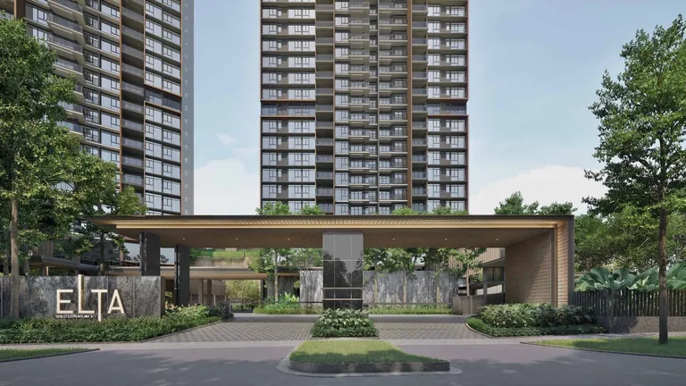 ELTA, artist&rsquo;s impression: the arrival court on Clementi Avenue 1, a long timber-lined canopy over the drop-off with the ELTA sign wall and both towers behind