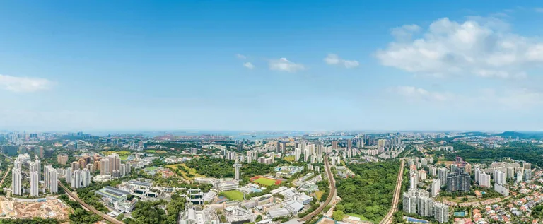 Drone photograph of Clementi around the ELTA site, with the towns, schools and green belts of the west, for illustration of the location only