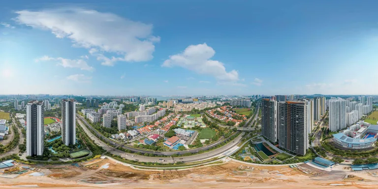 Photograph taken about 140 metres above the ELTA site in Clementi, looking over the expressway, the estates and the playing fields of Clementi towards the sea, for illustration of the location only