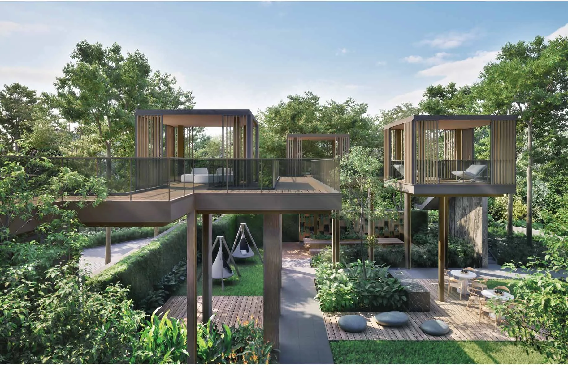 ELTA, artist&rsquo;s impression: the communal sky bridge and two timber treetop pods among tall trees, with swing seats and floor cushions on the deck below