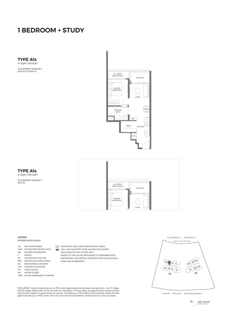 ELTA floor plan, Type A1s (Executive 1-Bedroom + Study): 1 bedroom + study, 47 sq m (506 sq ft), 36 homes in Block 12, stack 10, 4th to 39th storey (developer drawing with key plan)