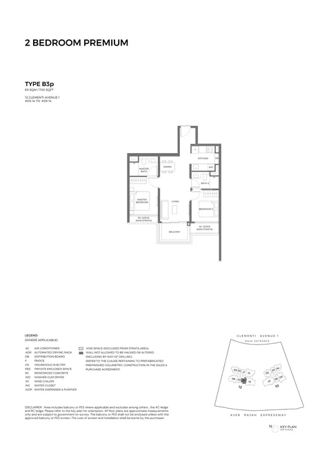 ELTA floor plan, Type B3p (Essential 2-Bedroom Premium): 2 bedrooms, 65 sq m (700 sq ft), 35 homes in Block 12, stack 14, 5th to 39th storey (developer drawing with key plan)