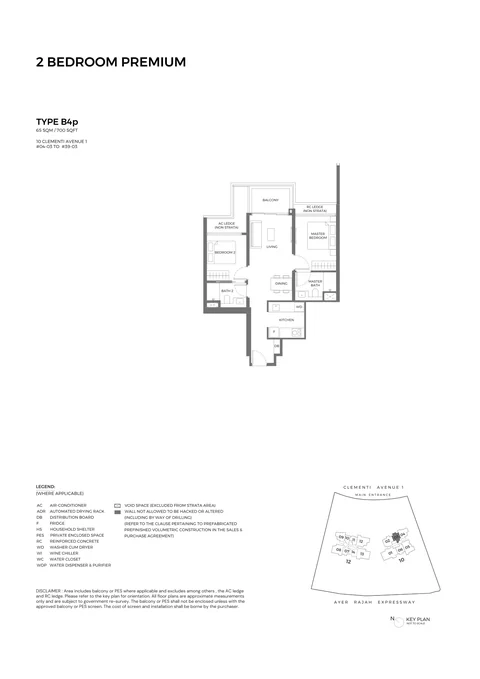 ELTA floor plan, Type B4p (Essential 2-Bedroom Premium): 2 bedrooms, 65 sq m (700 sq ft), 36 homes in Block 10, stack 03, 4th to 39th storey (developer drawing with key plan)