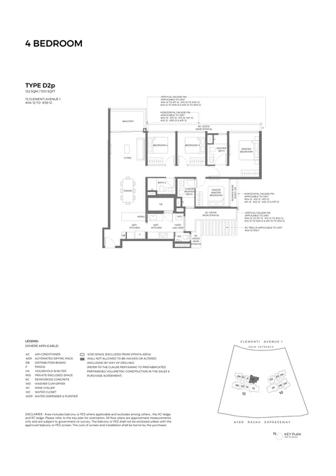 ELTA floor plan, Type D2p (Exclusive 4-Bedroom Premium): 4 bedrooms, 122 sq m (1,313 sq ft), 36 homes in Block 12, stack 12, 4th to 39th storey (developer drawing with key plan)