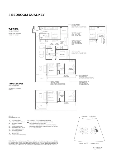ELTA floor plan, Type D3k (Exclusive 4-Bedroom Dual Key): 4 bedrooms, dual key, 122 sq m (1,313 sq ft), 36 homes in Block 10, stack 05, 4th to 39th storey (D3k-PES on the 4th) (developer drawing with key plan)