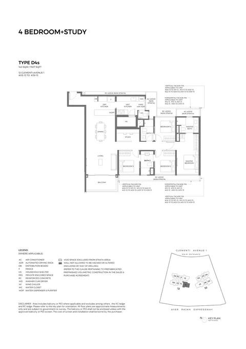 ELTA floor plan, Type D4s (Exclusive 4-Bedroom + Study): 4 bedrooms + study, 140 sq m (1,507 sq ft), 35 homes in Block 12, stack 13, 5th to 39th storey (developer drawing with key plan)
