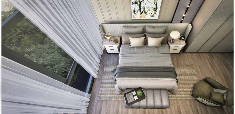 ELTA, artist&rsquo;s impression: a master bedroom with an upholstered headboard, a timber floor and full-height glazing screened by sheer curtains