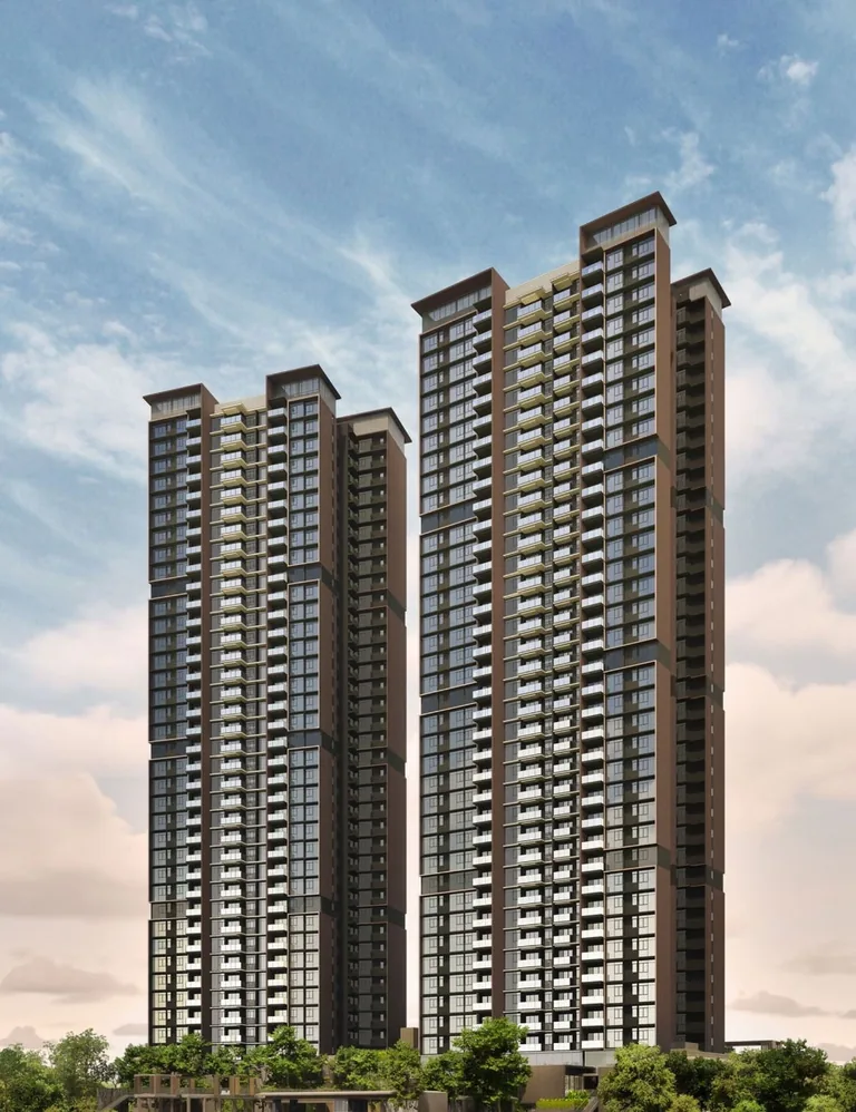 ELTA, artist&rsquo;s impression: the two towers by day, their timber-toned frames and balconies rising above the trees along Clementi Avenue 1
