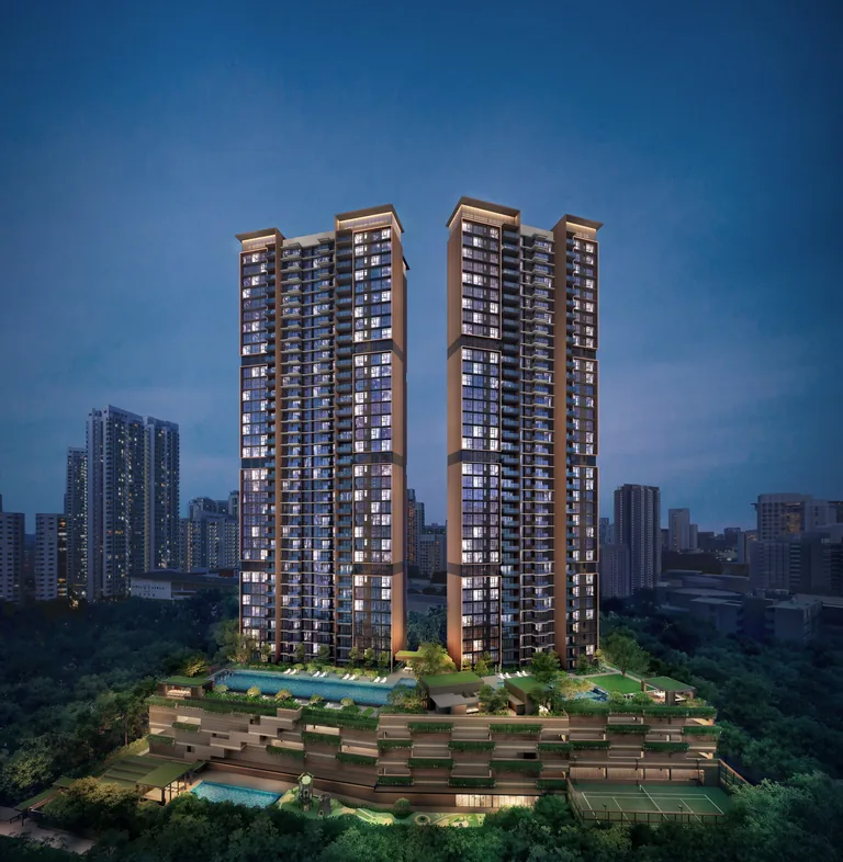 ELTA, artist&rsquo;s impression: the two 39-storey towers at dusk above their terraced, planted podium and pools, with the Clementi skyline behind