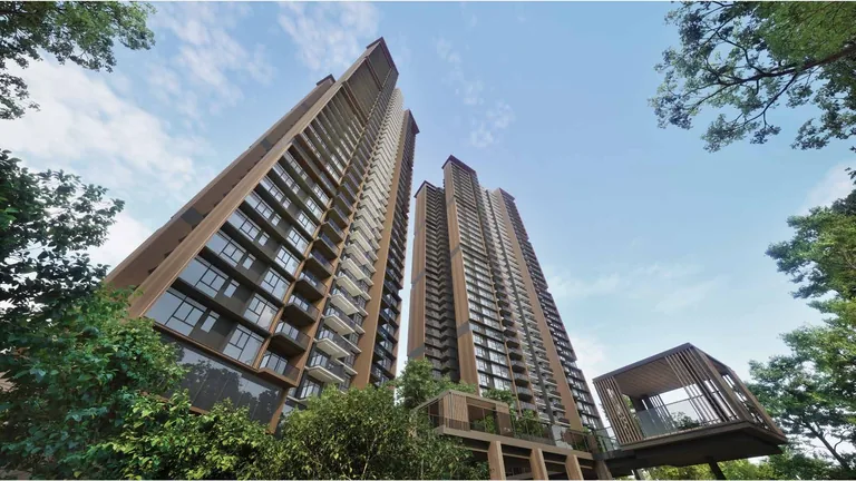 ELTA, artist&rsquo;s impression: the two 39-storey towers seen from below through the trees, with a timber-framed treetop pod cantilevered from the podium